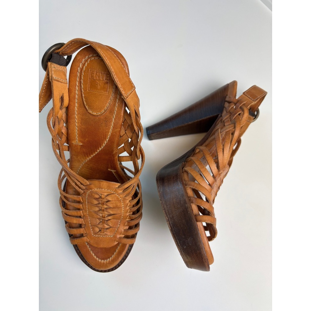 Frye Platform Sandals Tan Leather Womens 8.5 B Woven Huarache Wood Heel 73396